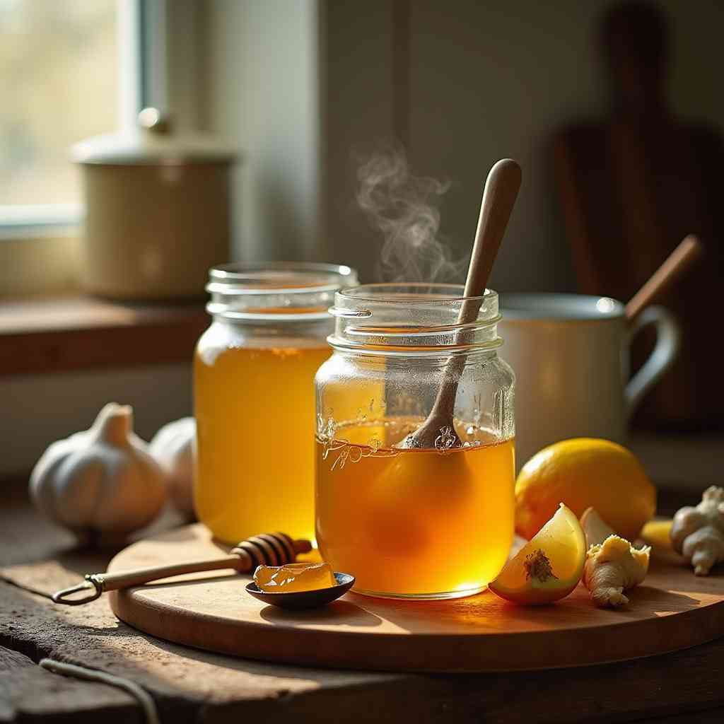 Homemade Amish Amoxicillin in a mason jar with raw honey, garlic, lemon, and ginger
