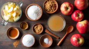 Amish Apple Butter Recipe 8 ingredients for amish apple butter recipe displayed flat lay with apples and spices
