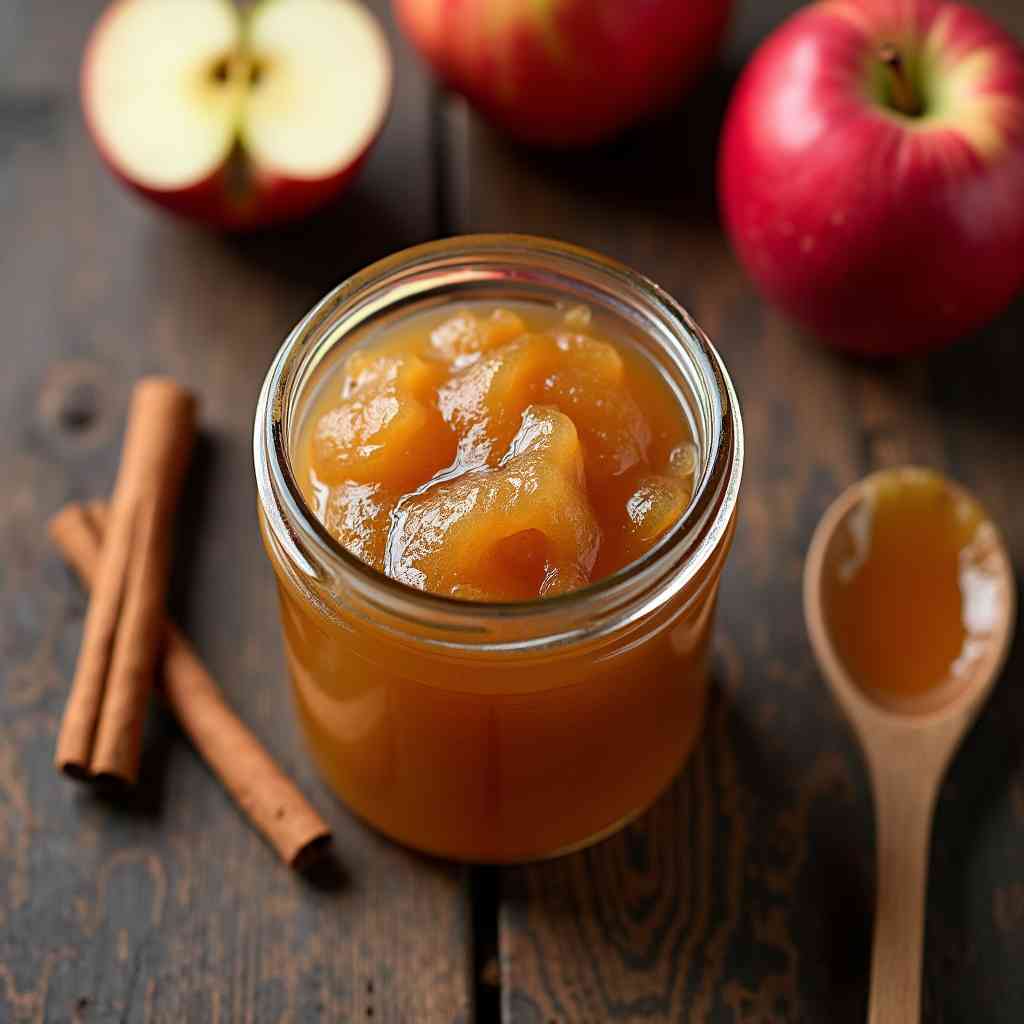 amish apple butter recipe homemade jar on rustic table with apples and cinnamon