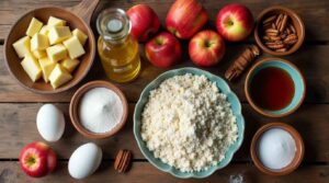 Ingredients for Amish apple cake recipe arranged on a kitchen counter, ready for baking.