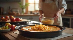 Step-by-step photos of preparing Amish apple cake recipe with apples folded into batter.
