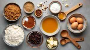 Amish Applesauce Cake Recipe 18 Flat lay of ingredients for Amish applesauce cake including flour, brown sugar, applesauce, and spices.