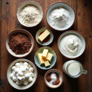 Amish Chocolate Whoopie Pies 14 Ingredients for Amish Chocolate Whoopie Pies laid out on rustic kitchen counter