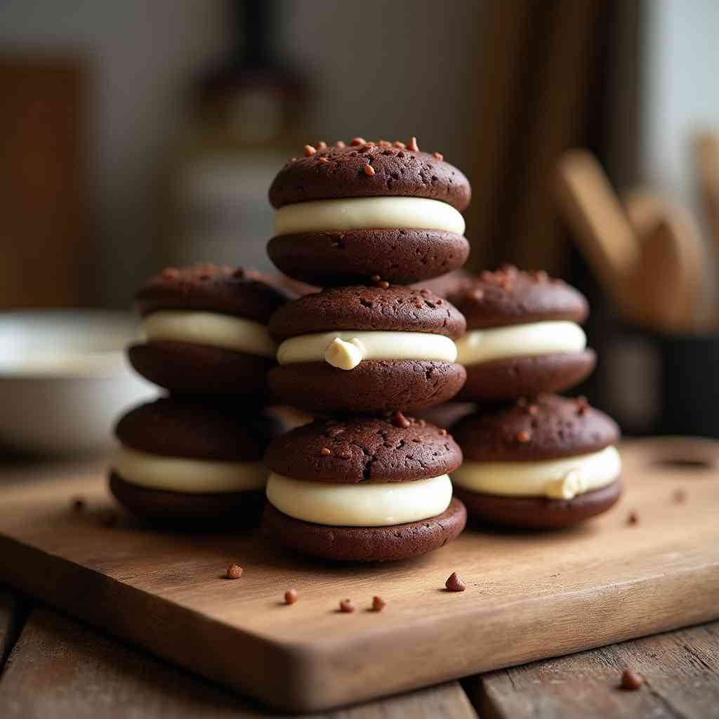 Amish Chocolate Whoopie Pies stacked on a plate, homemade and rich with cream filling