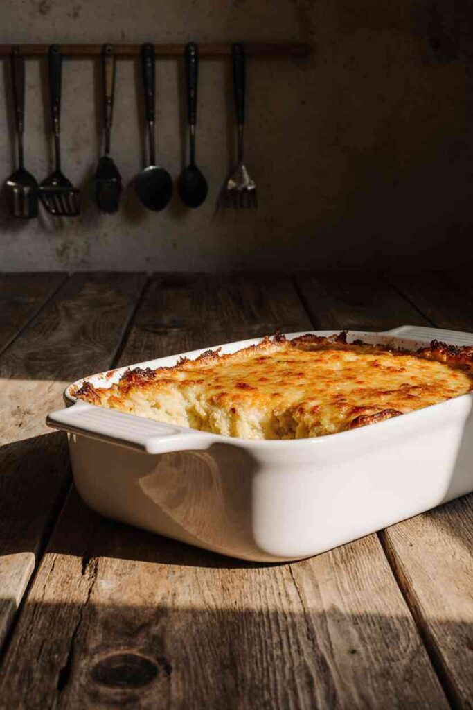 Homemade Amish Country Casserole hot from the oven with melted cheese
