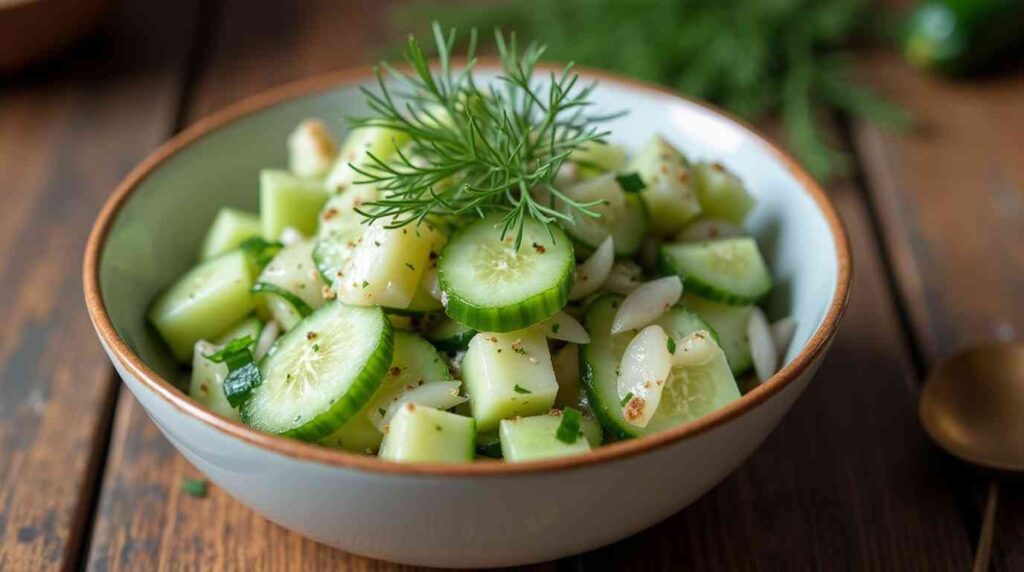 Amish Cucumber Salad Recipe – Easy & Refreshing Side Dish 5 Homemade Amish cucumber salad served in a rustic bowl with fresh dill and onions