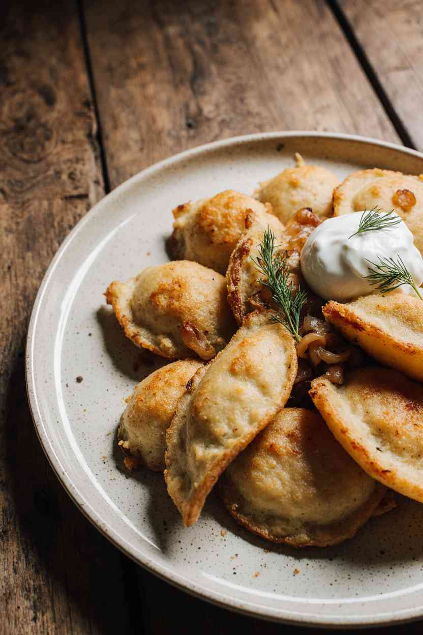 Hutterite Cottage Cheese Perogies Recipe | Traditional Food 7 Hutterite cottage cheese perogies with buttered onions and sour cream on a rustic plate
