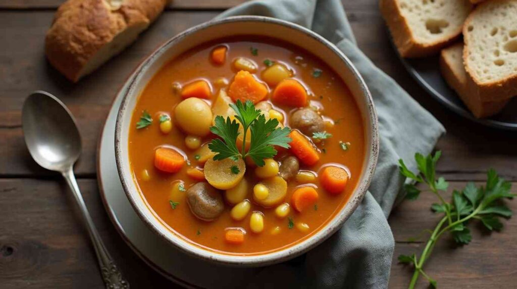 amish gma soup served in a rustic bowl with fresh herbs and bread