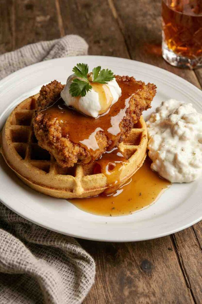 Amish Chicken and Waffles served with maple syrup and creamy gravy on a rustic plate.