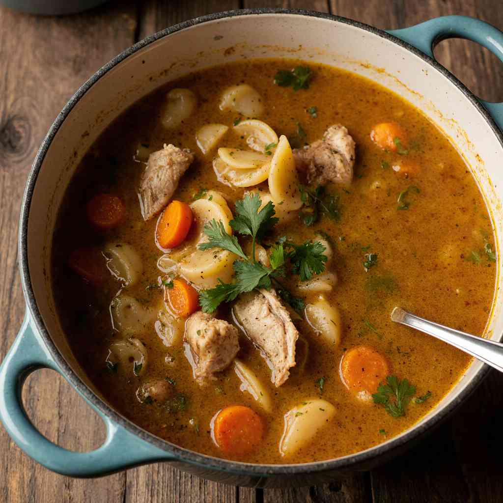 Amish penicillin soup served hot in a rustic bowl with carrots, pasta, and parsley