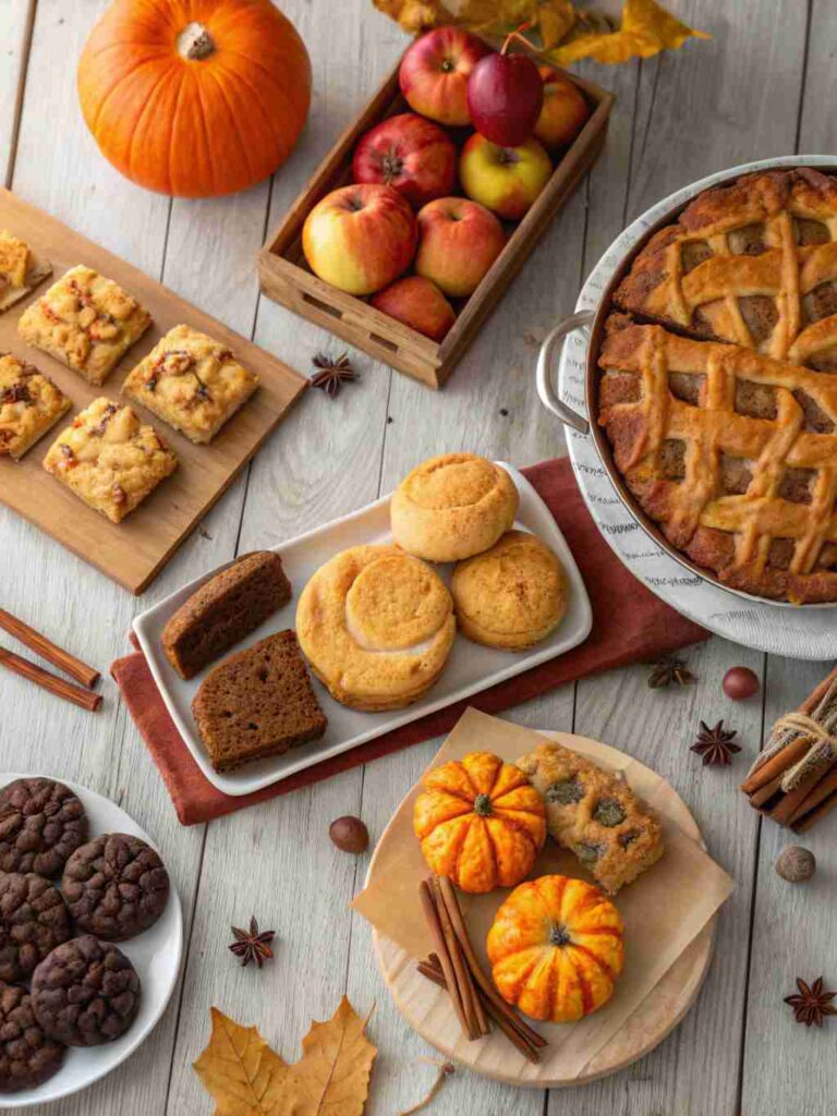 The Ultimate Baking Hub: Classic & Seasonal Recipes for Home Bakers 2 Delicious assortment of homemade baked goods including cookies, breads, muffins, and pumpkin treats on a rustic table with cozy autumn decorations.
