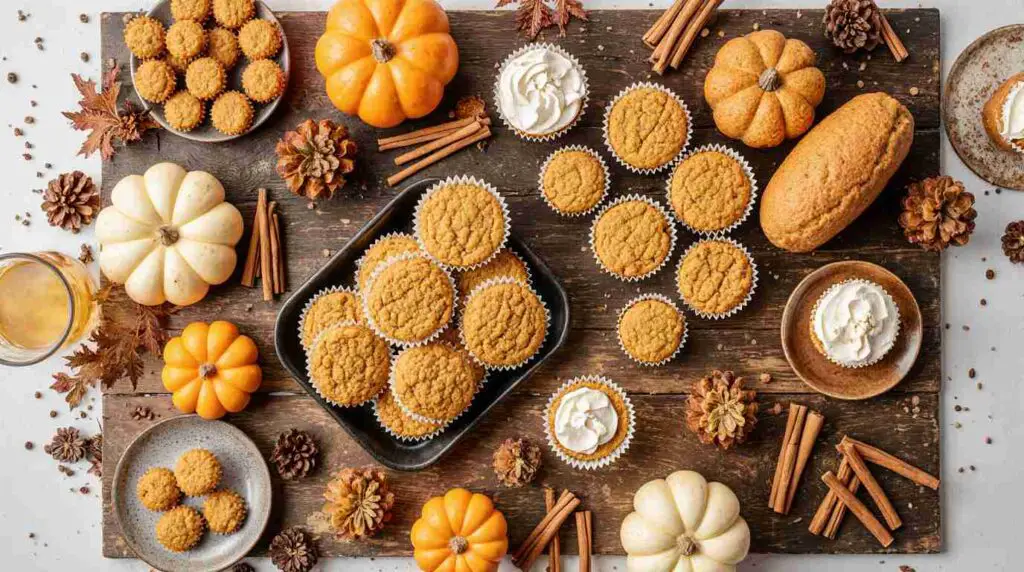 Freshly baked cookies, breads, muffins, and cheesecakes displayed on a wooden table with pumpkins, apples, and cinnamon sticks for a cozy baking scene.