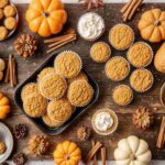 Freshly baked cookies, breads, muffins, and cheesecakes displayed on a wooden table with pumpkins, apples, and cinnamon sticks for a cozy baking scene.