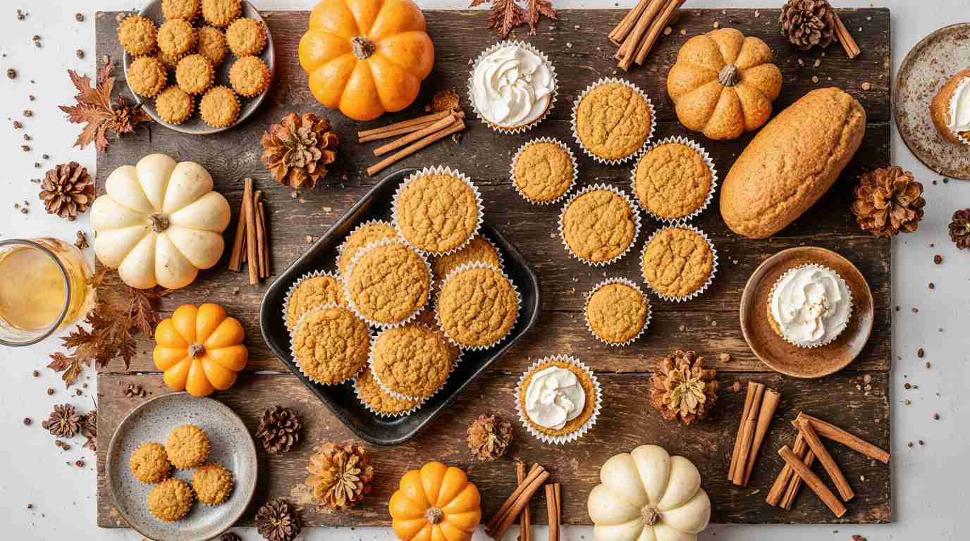 Freshly baked cookies, breads, muffins, and cheesecakes displayed on a wooden table with pumpkins, apples, and cinnamon sticks for a cozy baking scene.