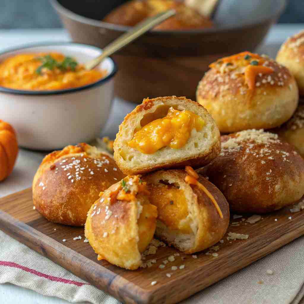 Cheesy Pumpkin Stuffed Pretzel Bites - Fall Party Food 1 Cheesy Pumpkin Stuffed Pretzel Bites