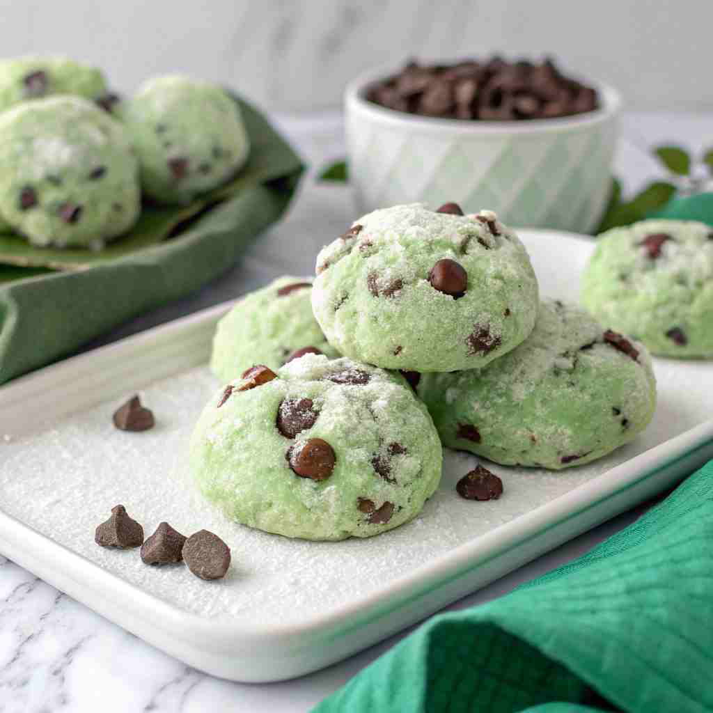 Mint Chocolate Chip Snowball Cookies