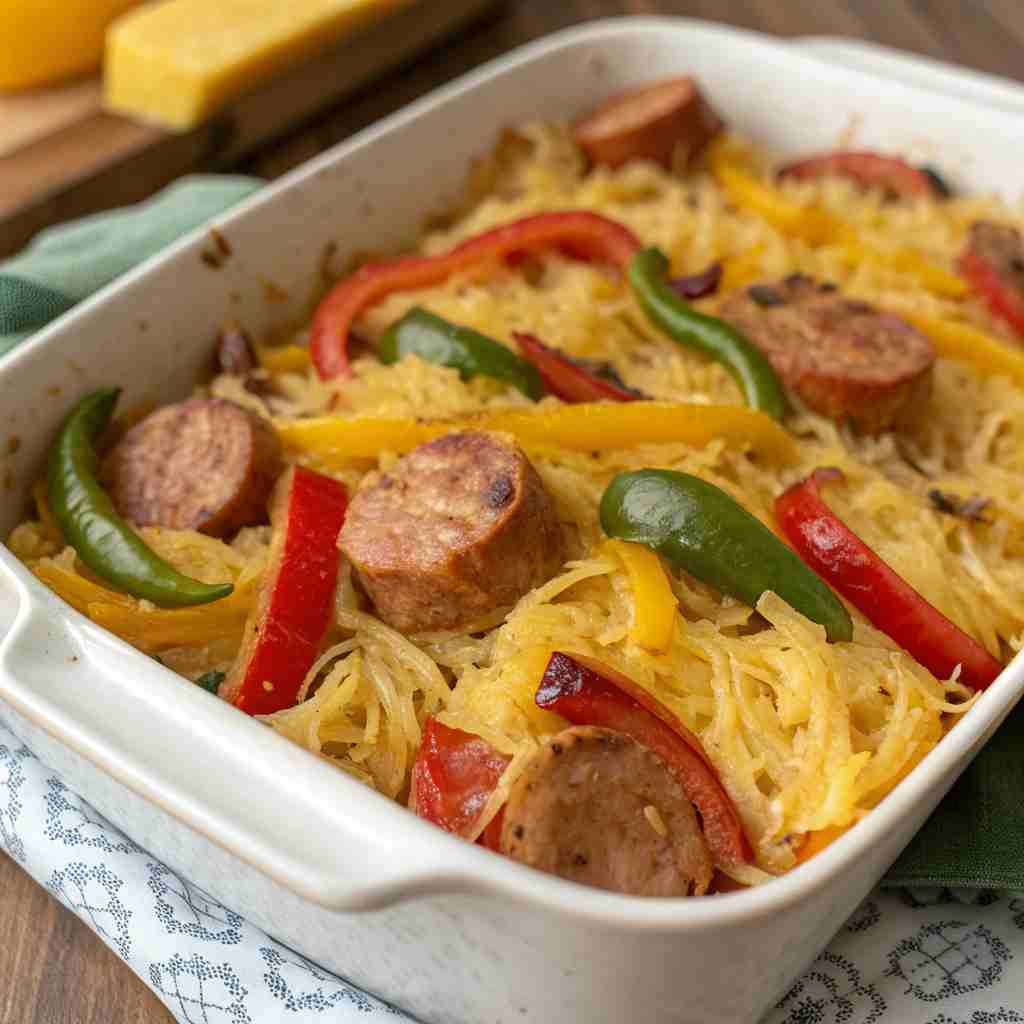 Sausage and Peppers Spaghetti Squash Casserole - Low-Carb Italian 1 Sausage and Peppers Spaghetti Squash Casserole