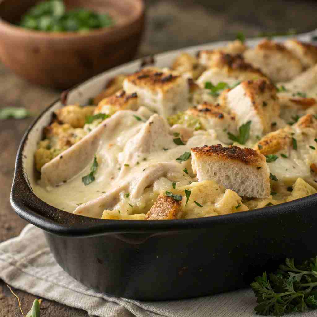 Chicken Alfredo Stuffing Casserole - Thanksgiving Leftover Recipe 1 Chicken Alfredo Stuffing Casserole