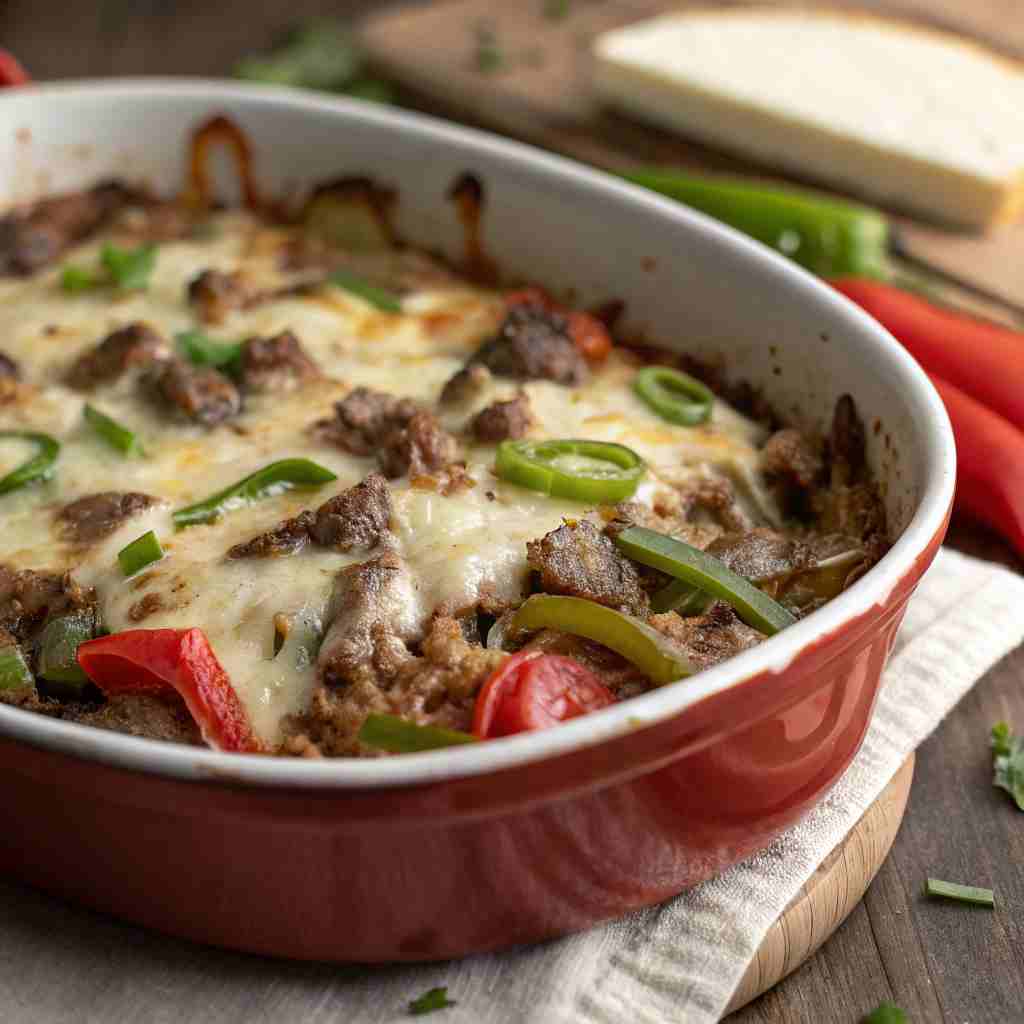Low Carb Philly Cheesesteak Casserole - Keto 5g Net Carbs 1 Low Carb Philly Cheesesteak Casserole