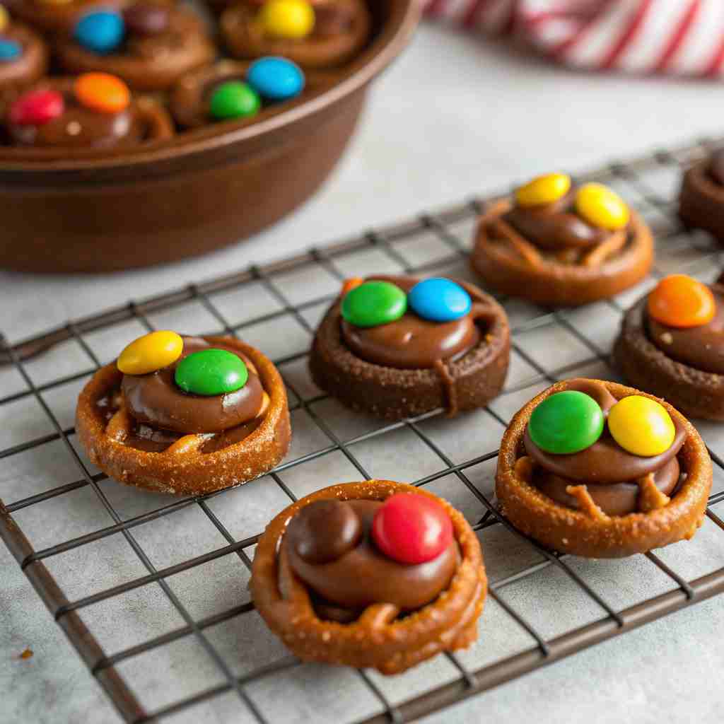 Salty Rolo Pretzel Bites Topped with M&Ms