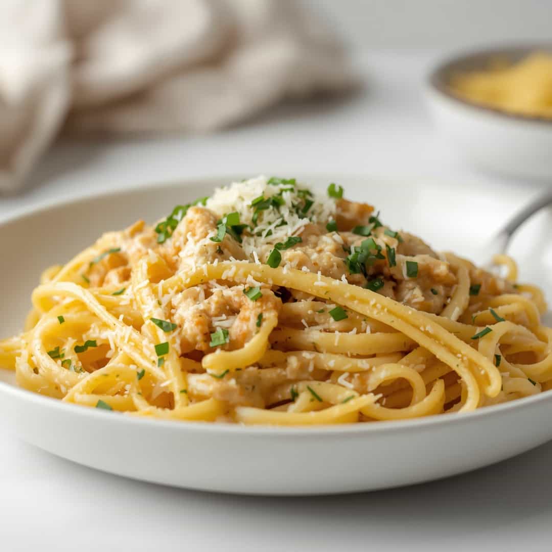 Easy Crockpot Garlic Parmesan Chicken Pasta
