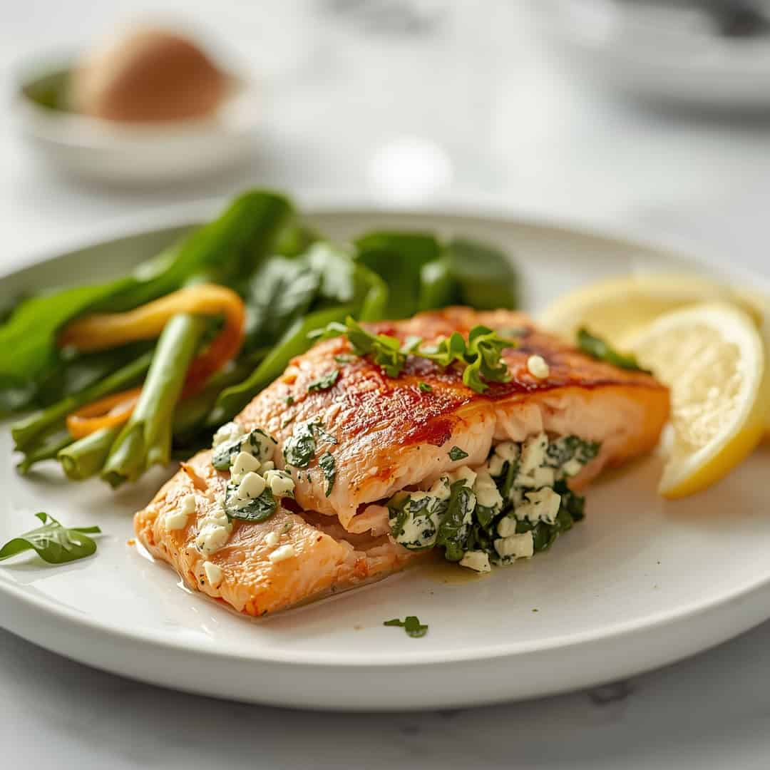 Baked Stuffed Salmon with Spinach Feta