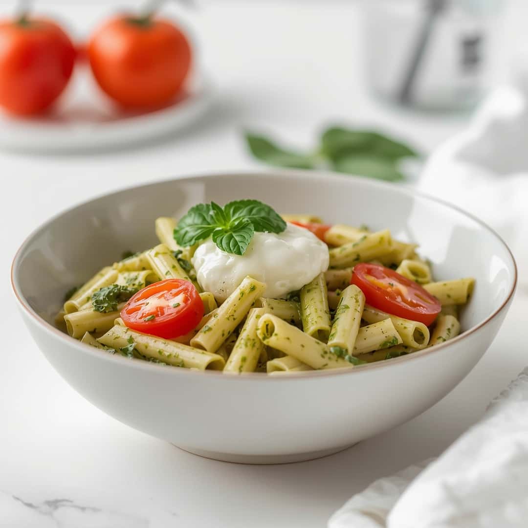 Creamy Pesto Caprese Pasta Salad