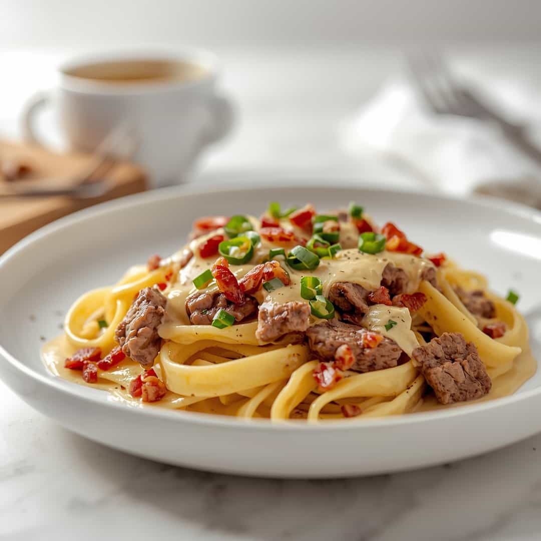 beef bacon cheeseburger alfredo pasta