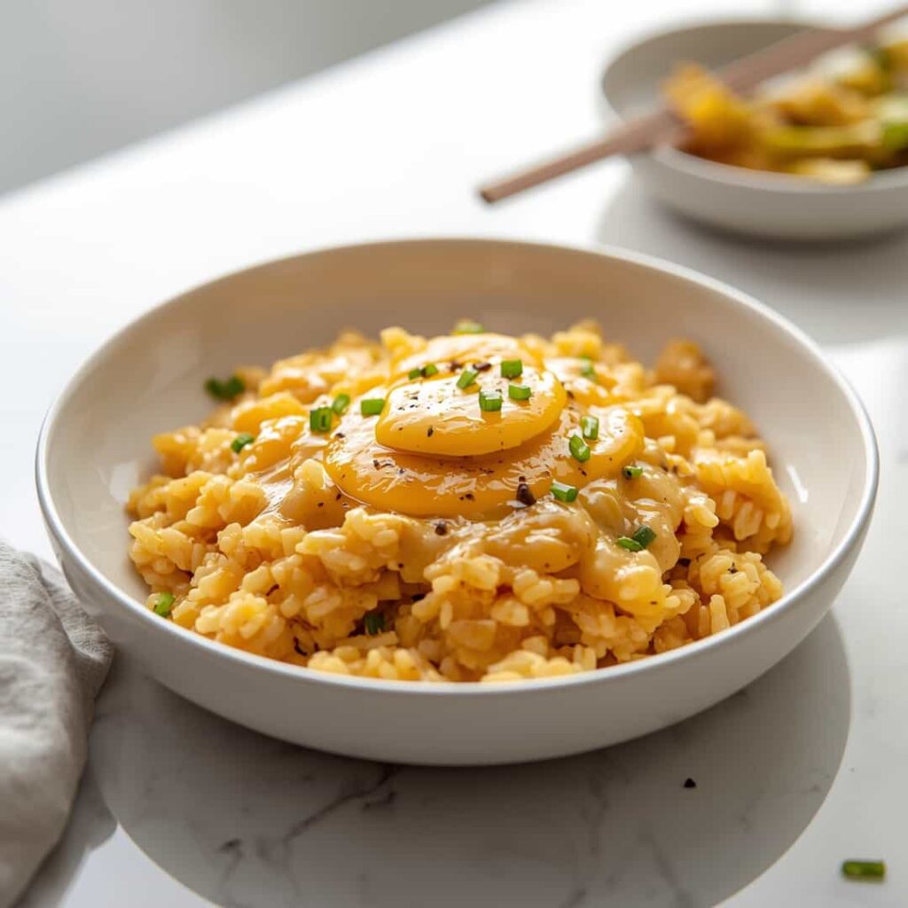 cheesy scrambled egg fried rice with garlic butter