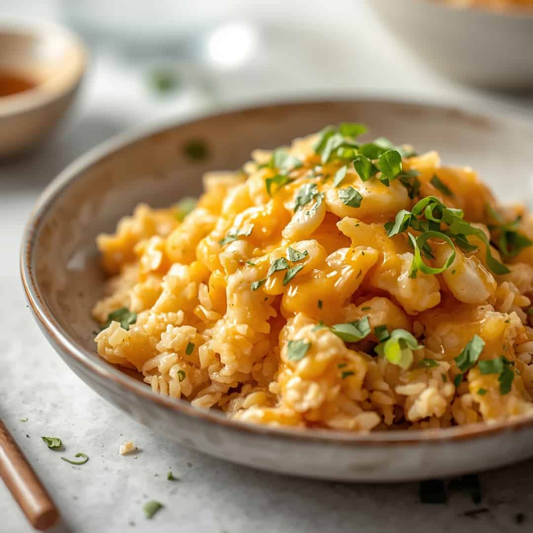 cheesy scrambled egg fried rice with garlic butter
