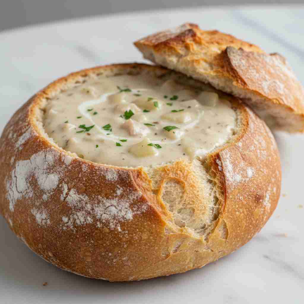 clam chowder in sourdough bread bowl