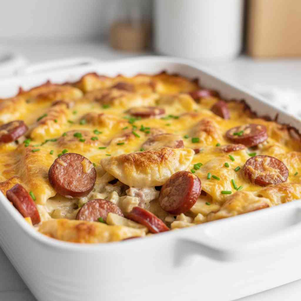 Crockpot Pierogi Casserole with Kielbasa