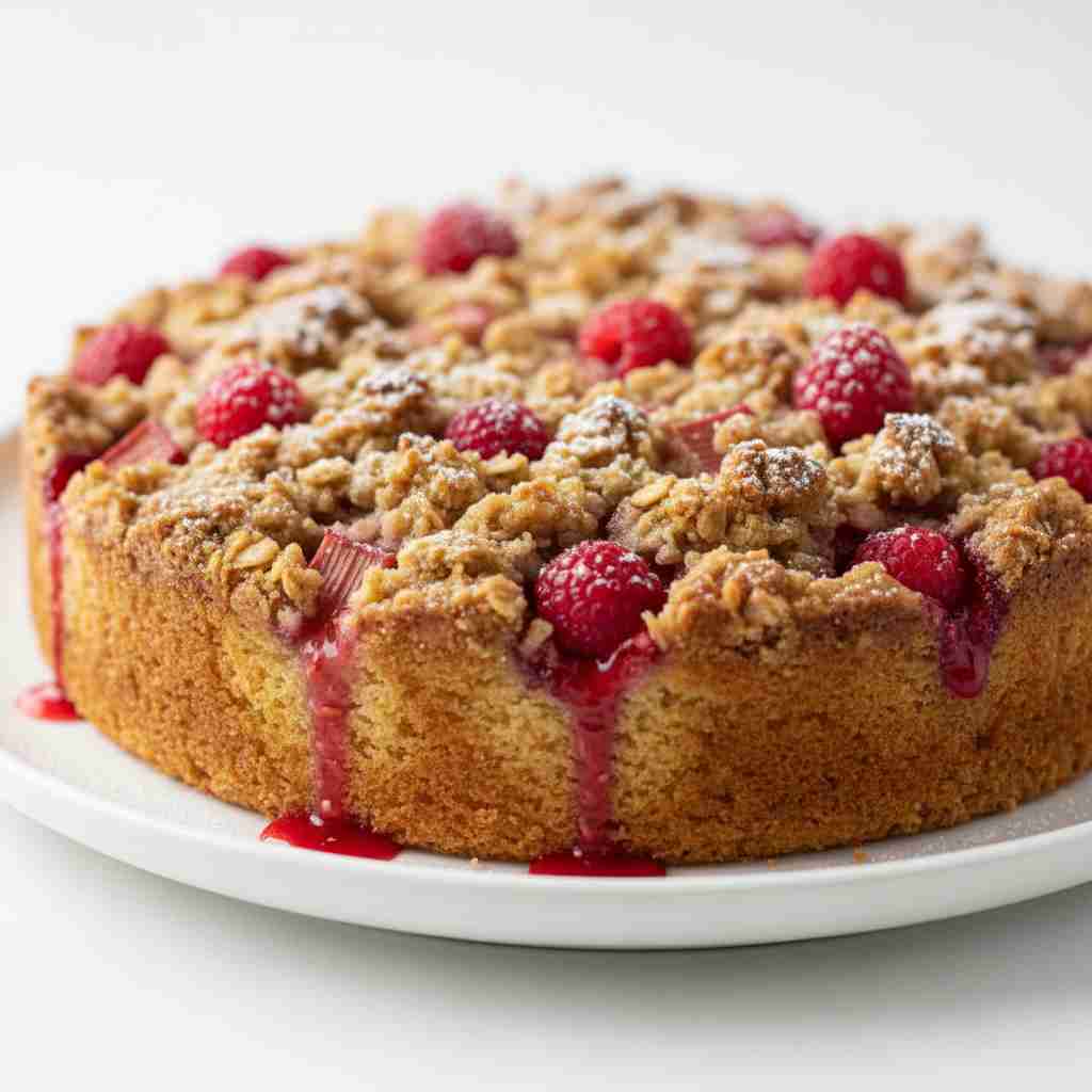 Deliciously Sweet Raspberry Rhubarb Crumble Cake