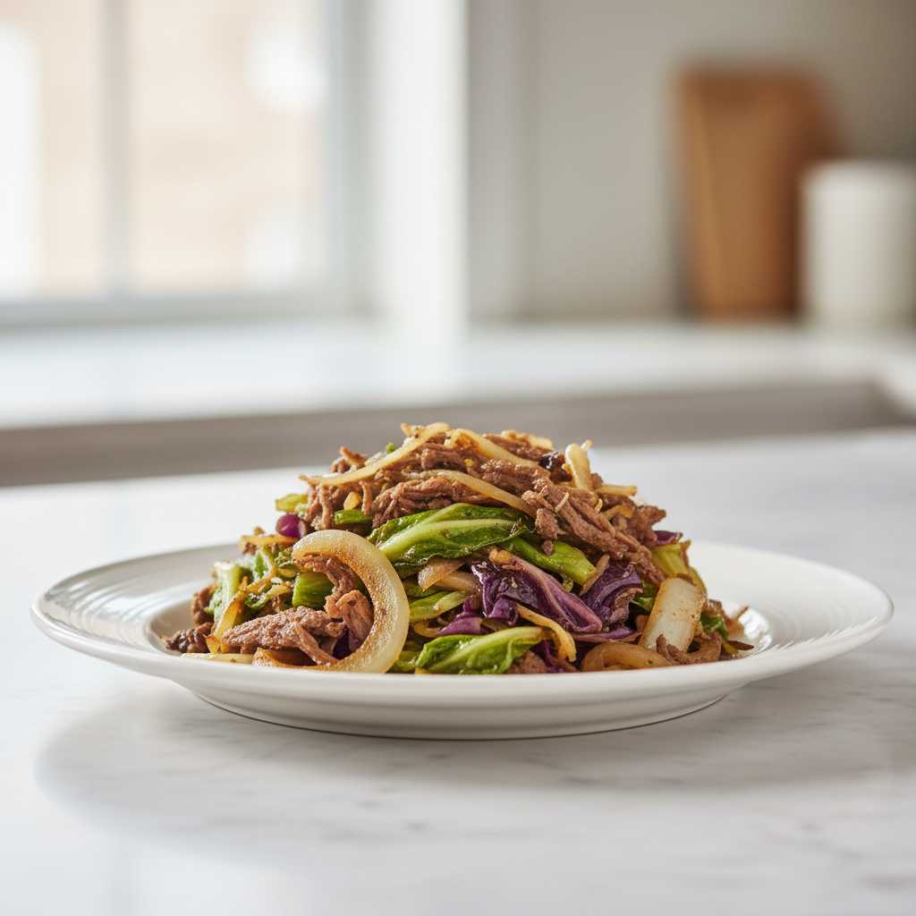 fried cabbage with beef and onion