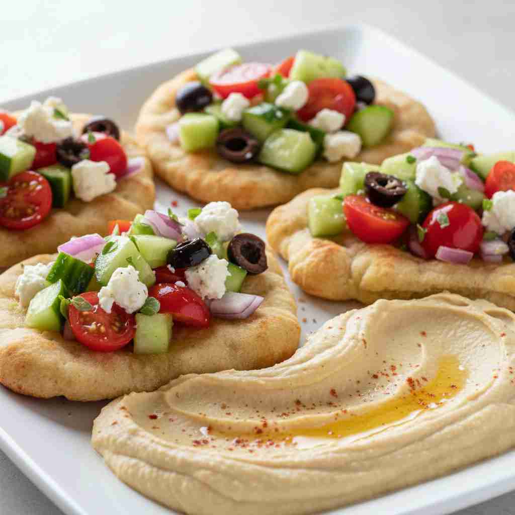 Greek Salad Naan Bites with Hummus 2 Greek Salad Naan Bites with Hummus