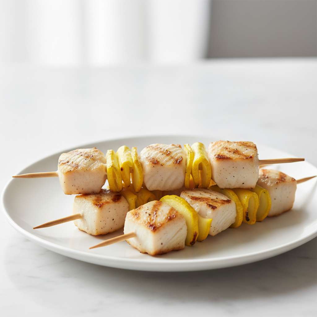 halibut and squash ribbon skewers
