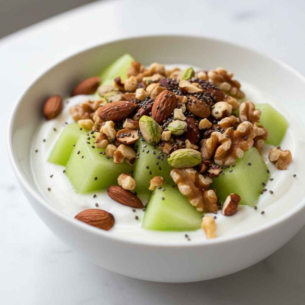 honeydew breakfast bowl with yogurt and nuts - Traditional Country Recipe
