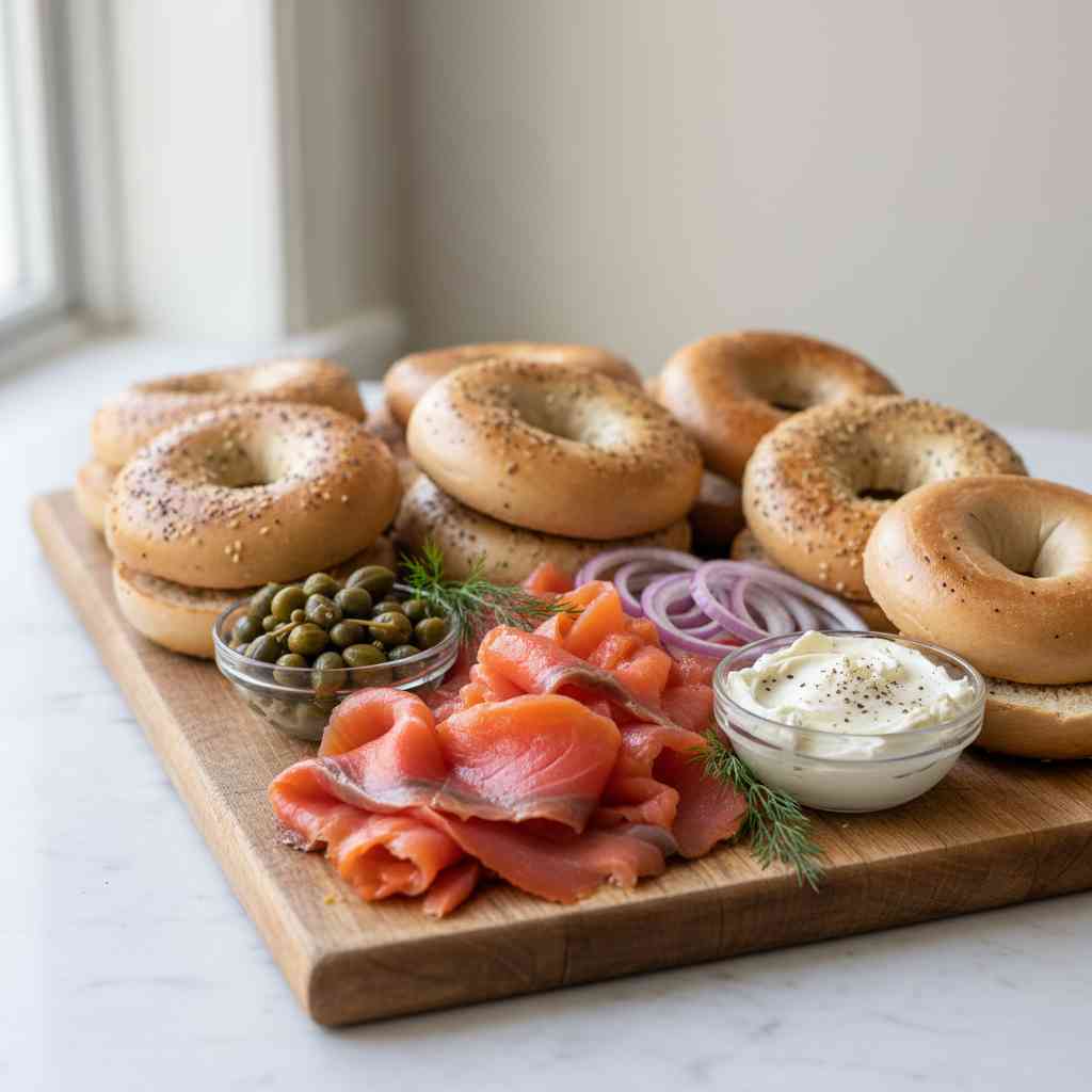 smoked salmon bagel board with capers - Traditional Country Recipe