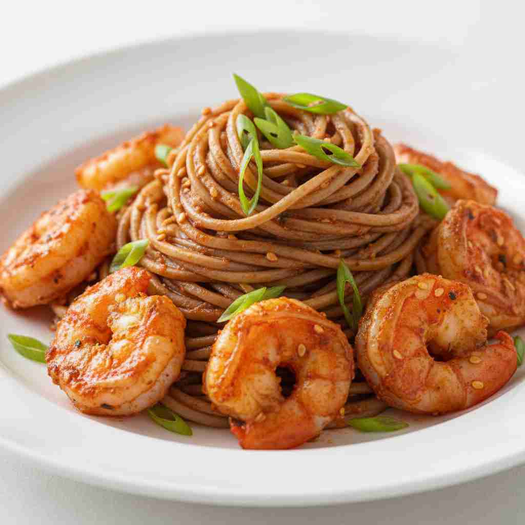 spicy soba noodles with harissa shrimp